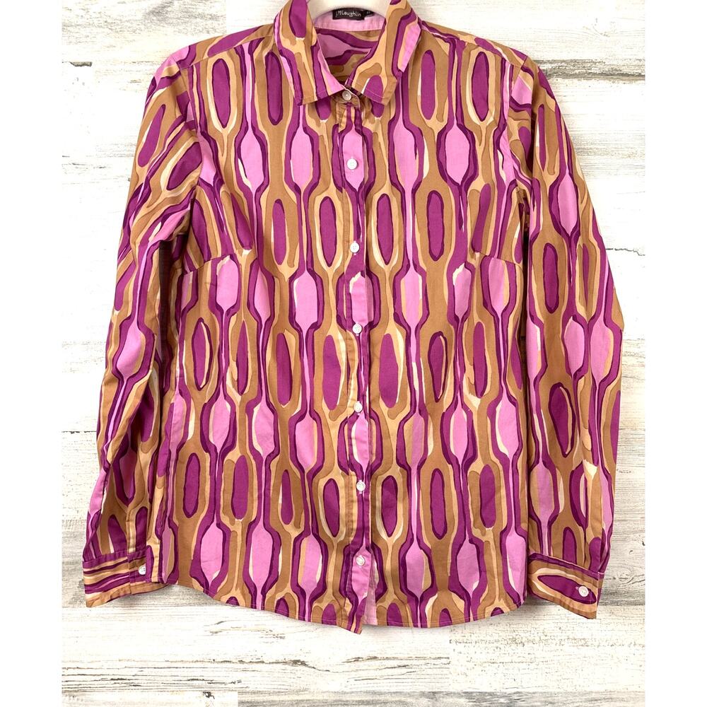 J McLaughlin Womens XS Pink Tan Retro chic Button Up Shirt Designer